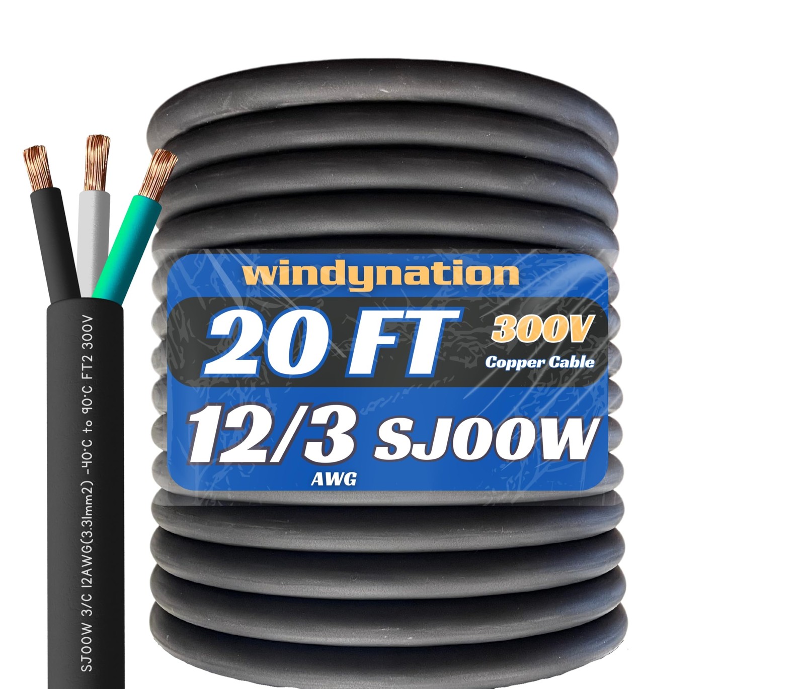 20 Feet 12/3 SJOOW Cable Cord 12 AWG 3 Conductor 300V Portable Power Wire