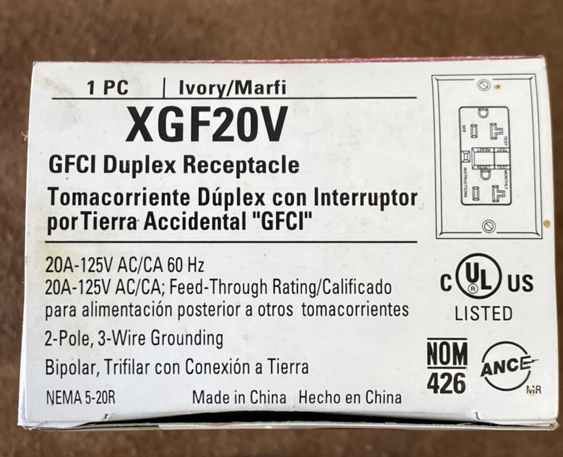 GFCI Outlet Ground Fault Circuit Interrupter 20A-125V AC/60 Hz XGF20V Cooper