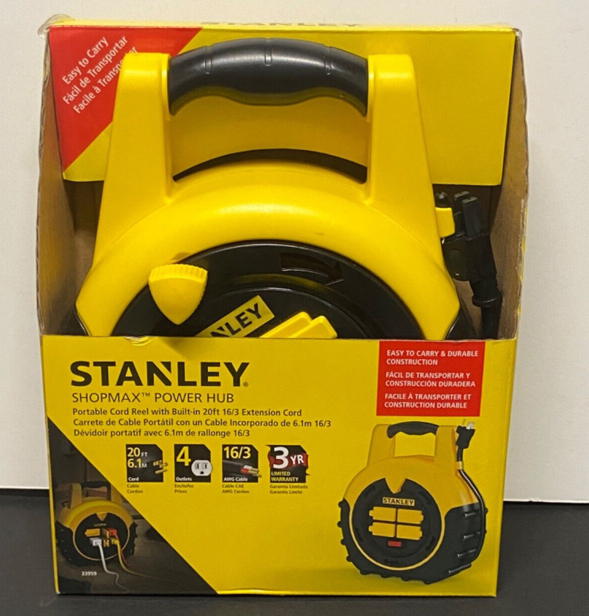 NEW Stanley ShopMax Power Hub 4 Outlet 20ft Cord 16/3 Cable Reel