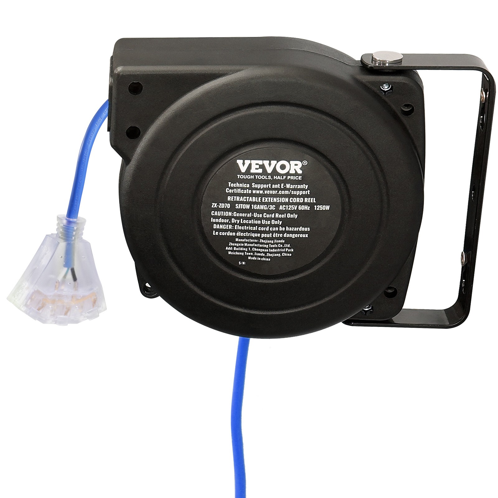 VEVOR Retractable Extension Cord Reel Power Cord Reel 30FT 16AWG/3C SJTOW