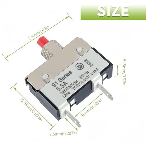 5.5 Amps 125/250V AC 50V DC Manual Reset Push Button Thermal 1 Pack 5.5A