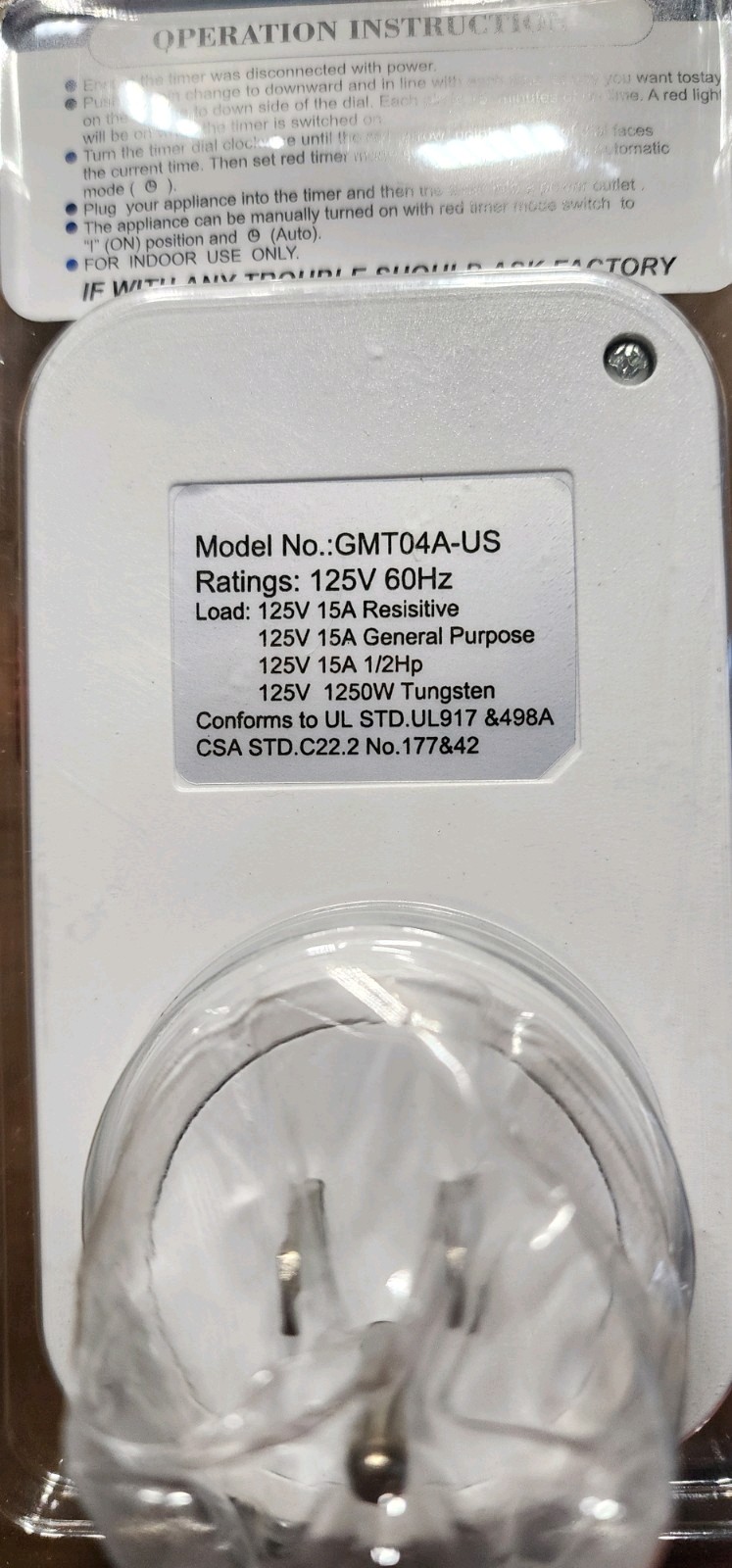 Plug-in Mechanical Timer Model 24 Hours Programmable 15 Amps GMT04A-US New