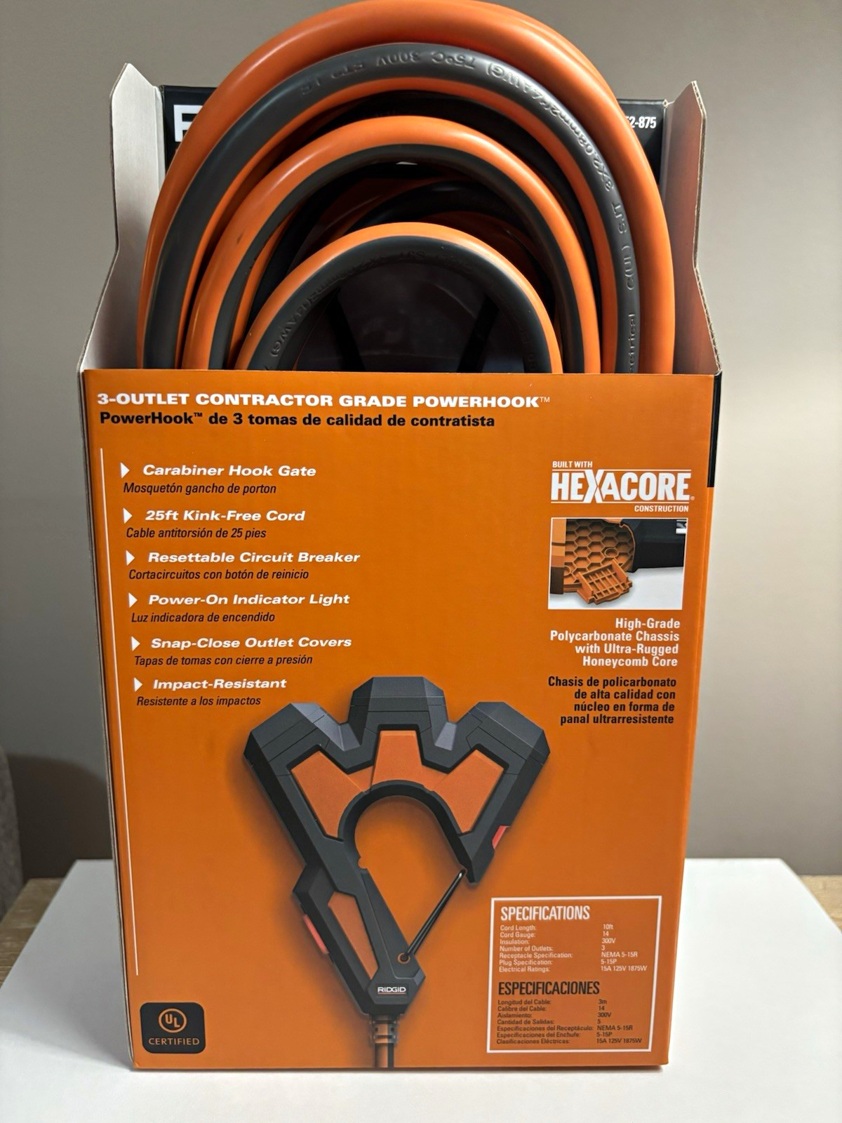RIDGID 3-Outlet PowerHook Outdoor Extension Cord 25 ft 15A 125V 1875W