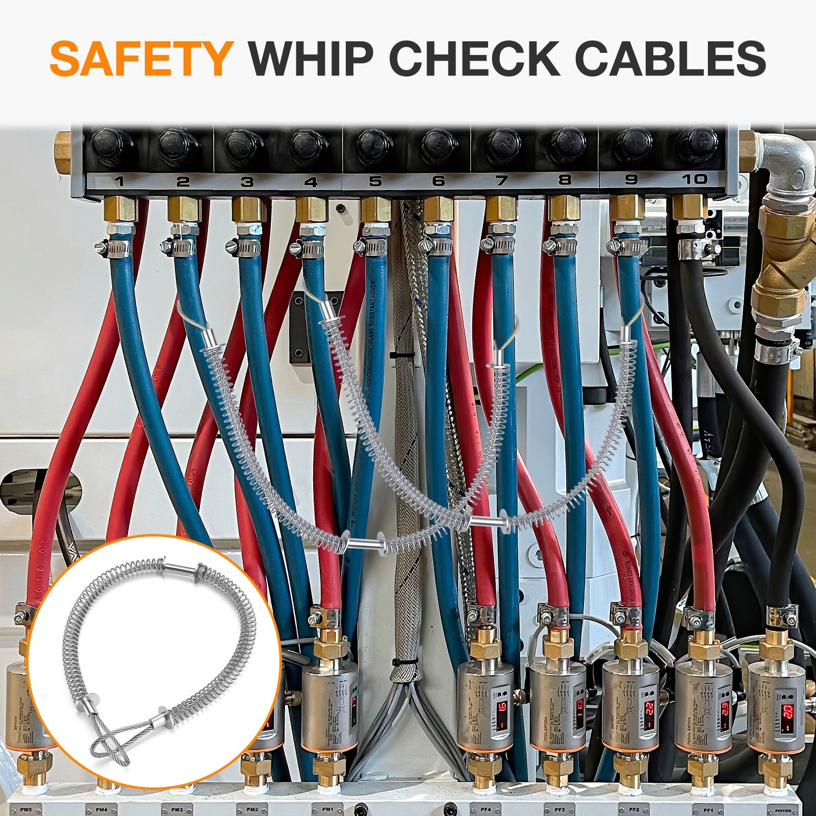 Spring Loaded Hose Restraint 50cm Anti-Whip Safety Cable for Air Hydraulic Lines