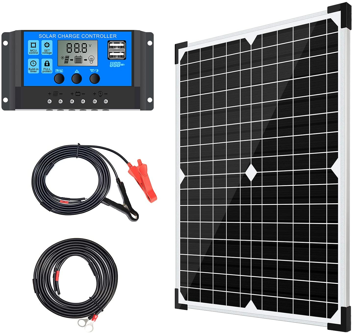 Solar Panel Kit 20W 12V Monocrystalline,Battery Maintainer +10A Solar Charge Con