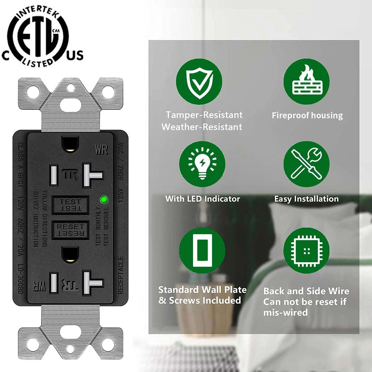 GFCI Outlet 20 Amp Tamper Weather Resistant Ground Fault Receptacle Black 10Pack