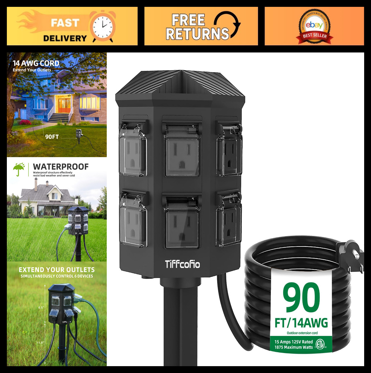 Waterproof Outdoor Power Strip with Stake, 90FT Extension Cord, 6 Outlets, 15A