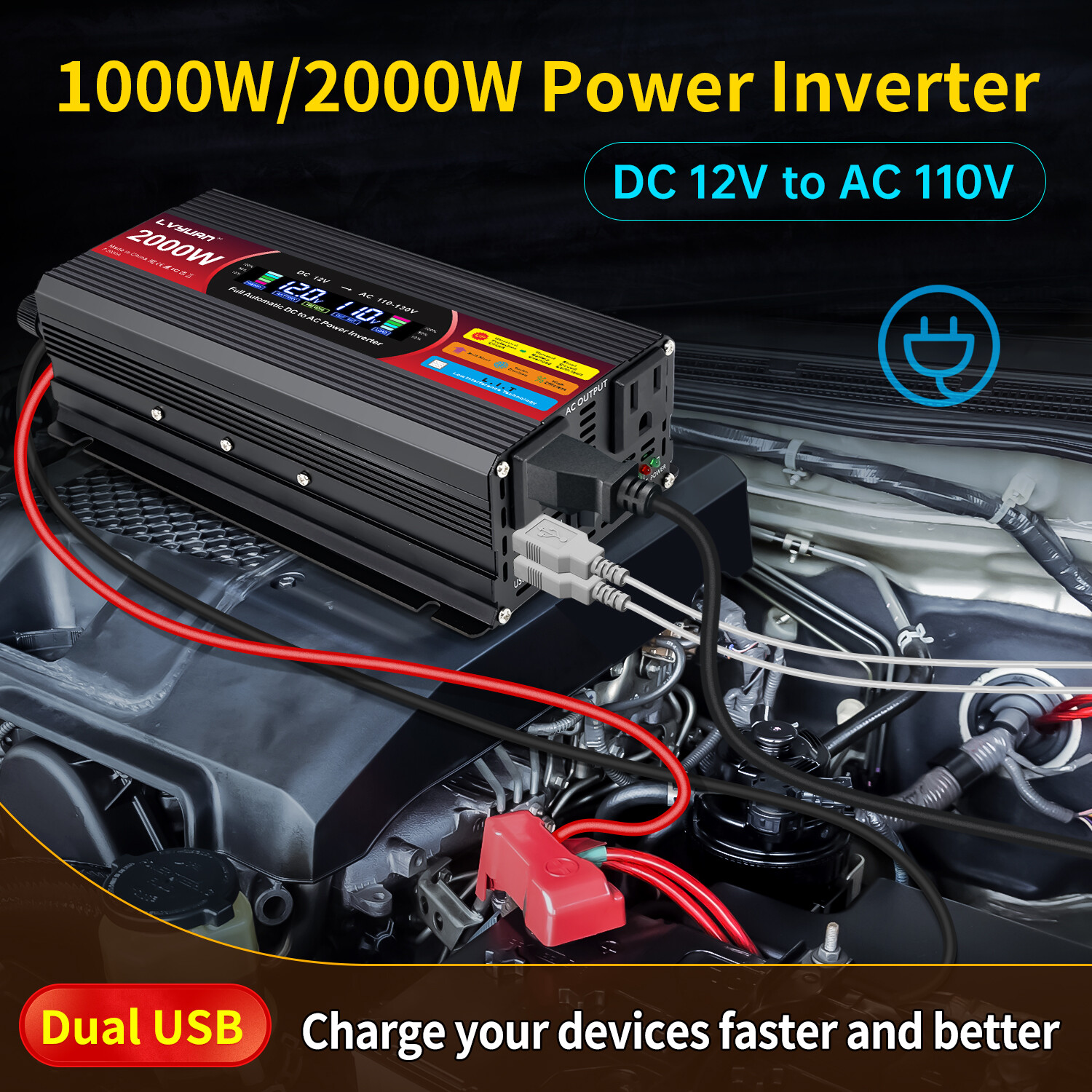 1000W 2000W Power Inverter 12V to 120V LCD 2AC 2USB Car 150W-Adapter Converter