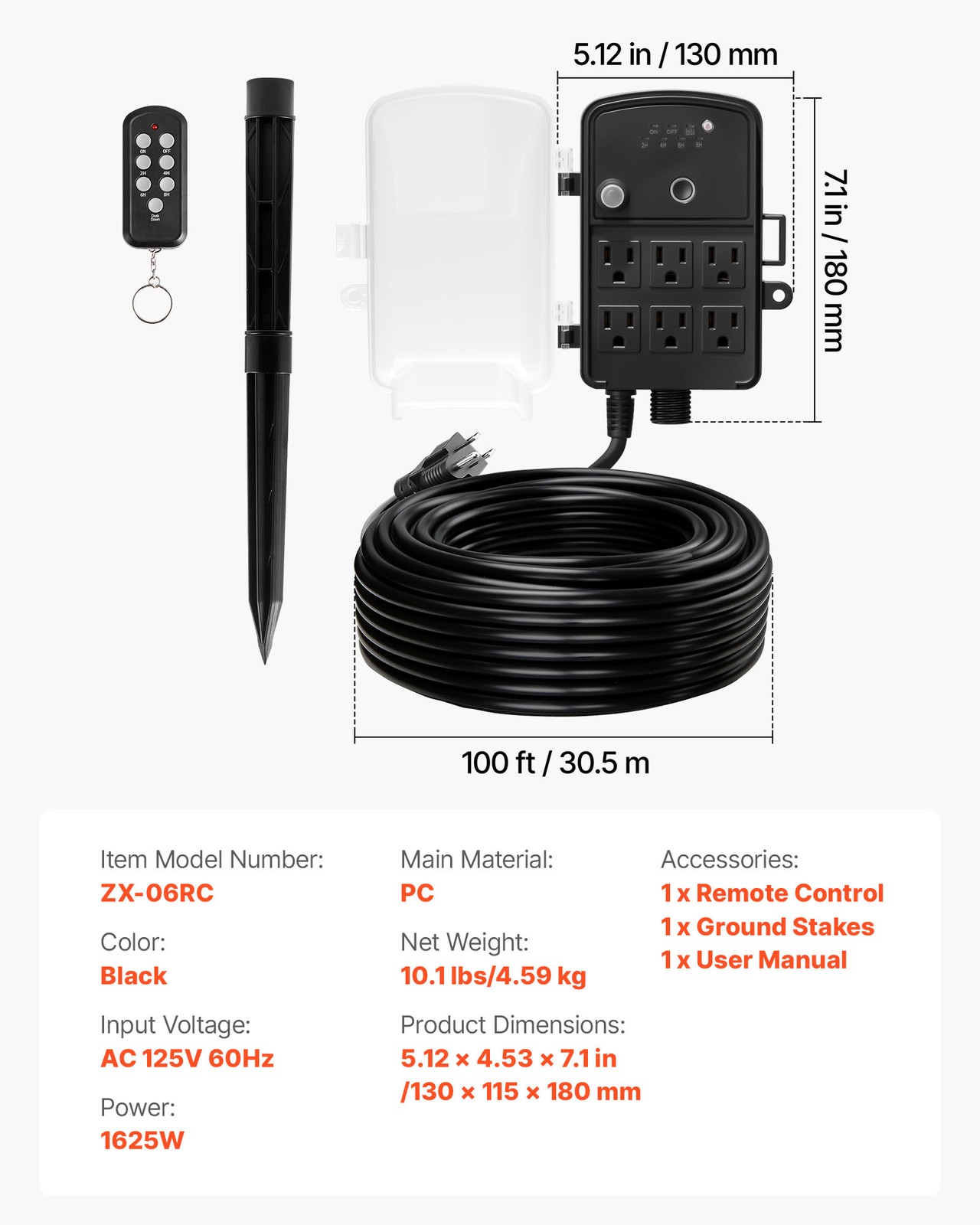 VEVOR Outdoor Power Stake Timer Waterproof Power Strip 6 Outlets 100FT Cord