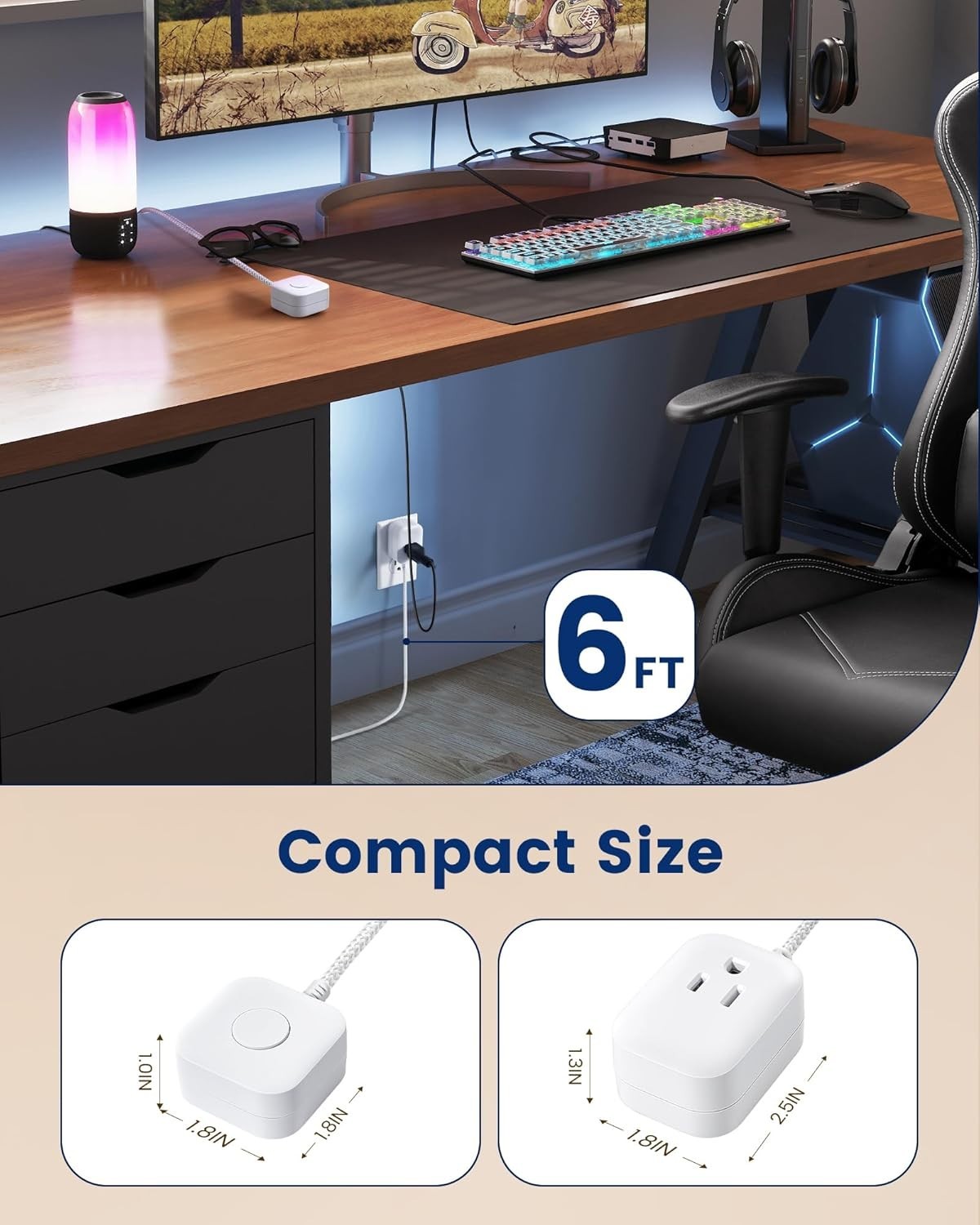 Tangle-Resistant 6FT Extension Cord with Silent Switch – 2 Pack for Easy Control