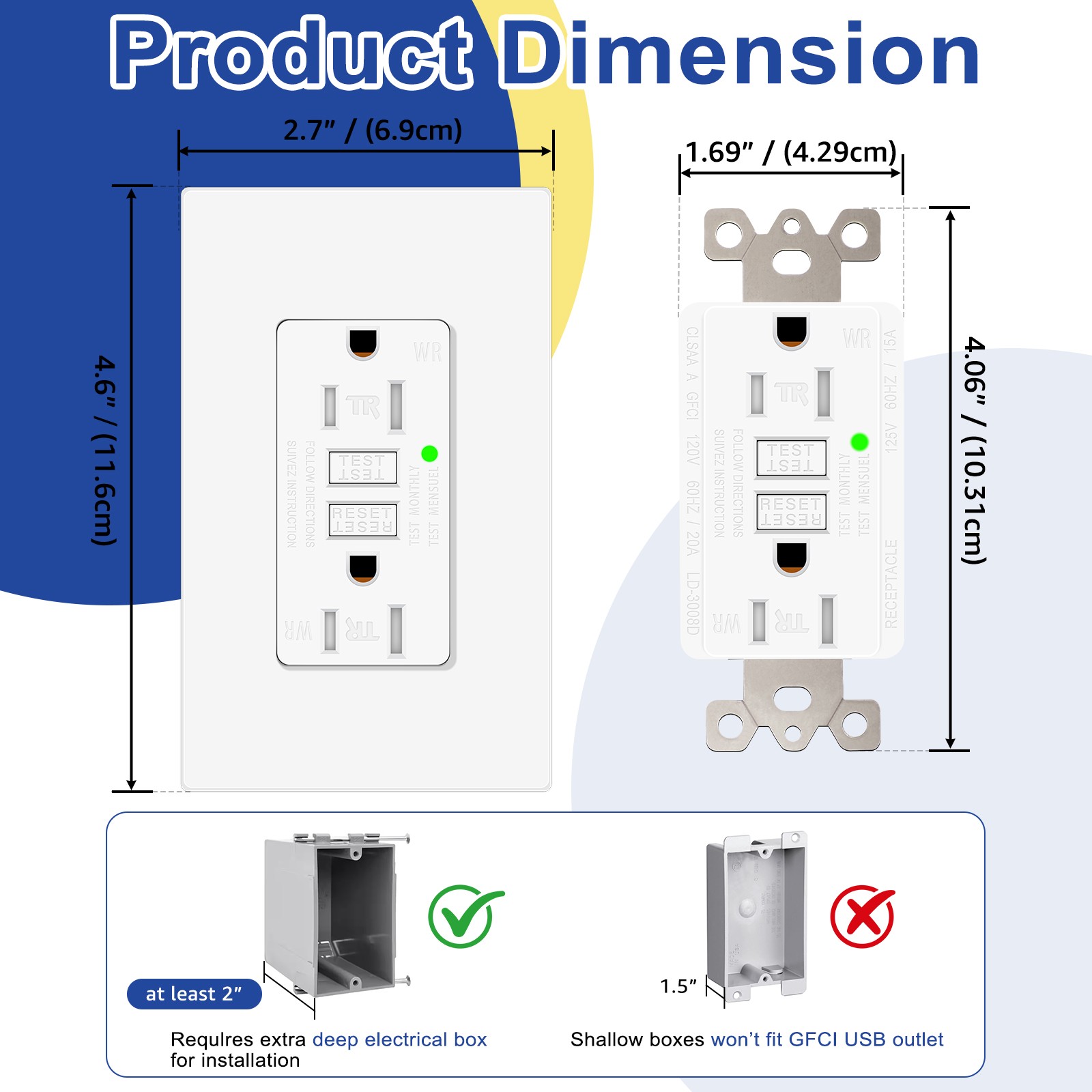 2 x GFCI Outlet 15 A/125V Ground Fault Circuit Interrupter Receptacle with LED