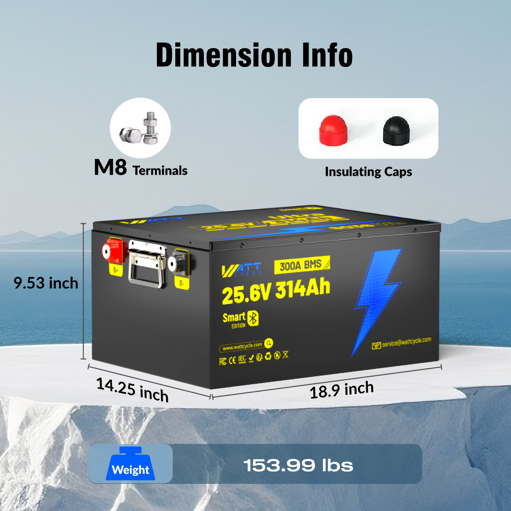 Wattcycle 24V 314Ah 300A BMS LiFePO4 Lithium Battery with Bluetooth App for RV