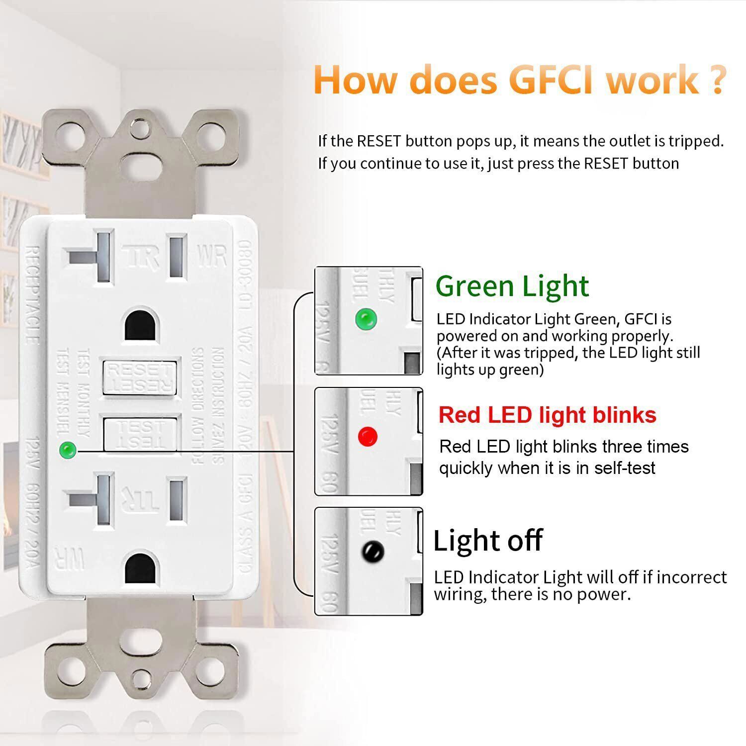 Self-Test GFCI Outlet 20 Amp Outdoor GFI Receptacle Commercial Residential Use
