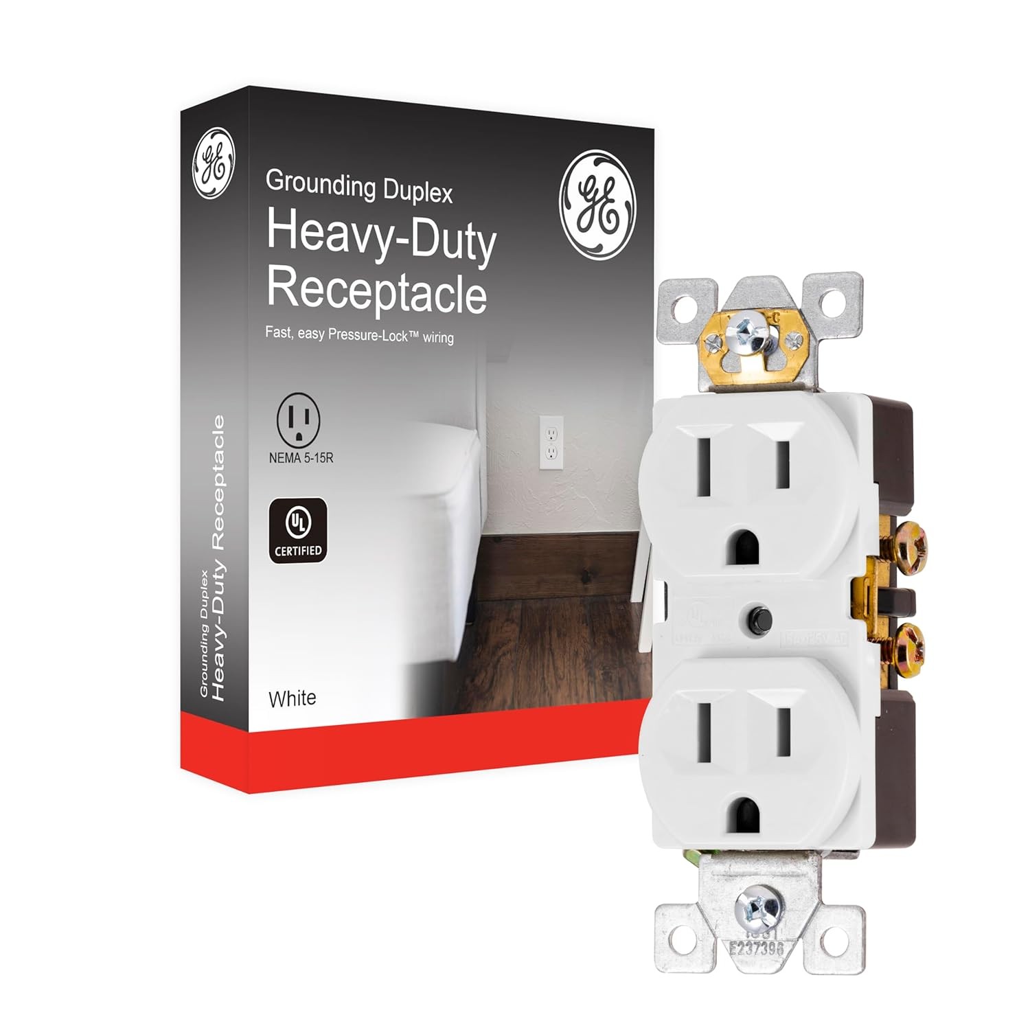 GE Duplex Wall Receptacle 15A 125V White 3-Prong with Reinforced Yoke
