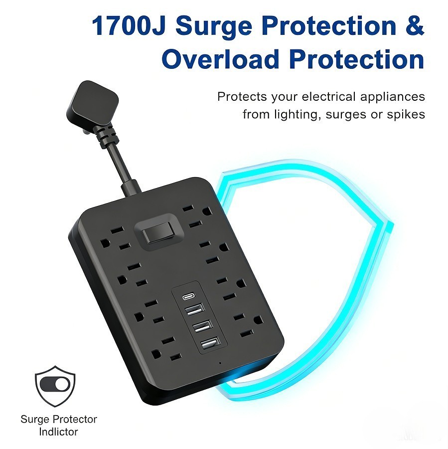 8 Outlets Power Strip with USB-C Port, 1700J Surge Protection, US Wall Mount