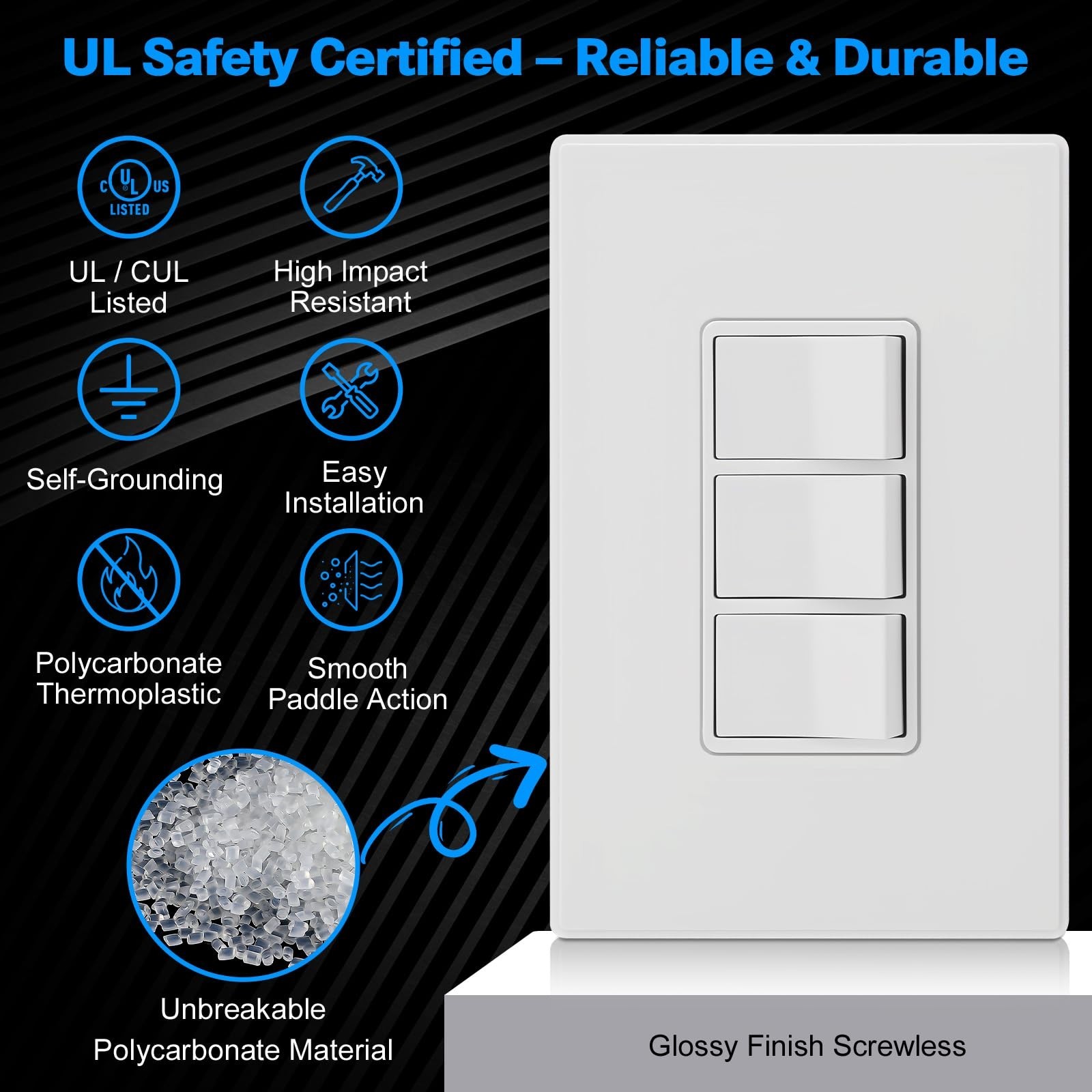 P3RW Wall Switch – Three-Rocker Light Switch Combo with Screwless Wall Pla