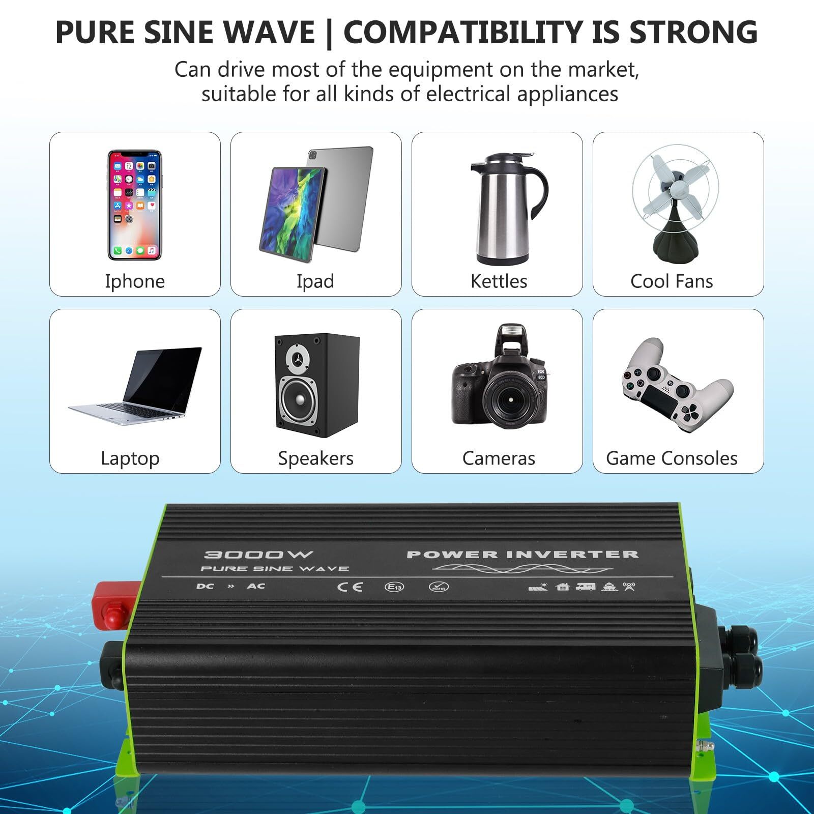 3000W for RV Camper Pure Sine Wave Inverter 12V DC to 120V AC Converter