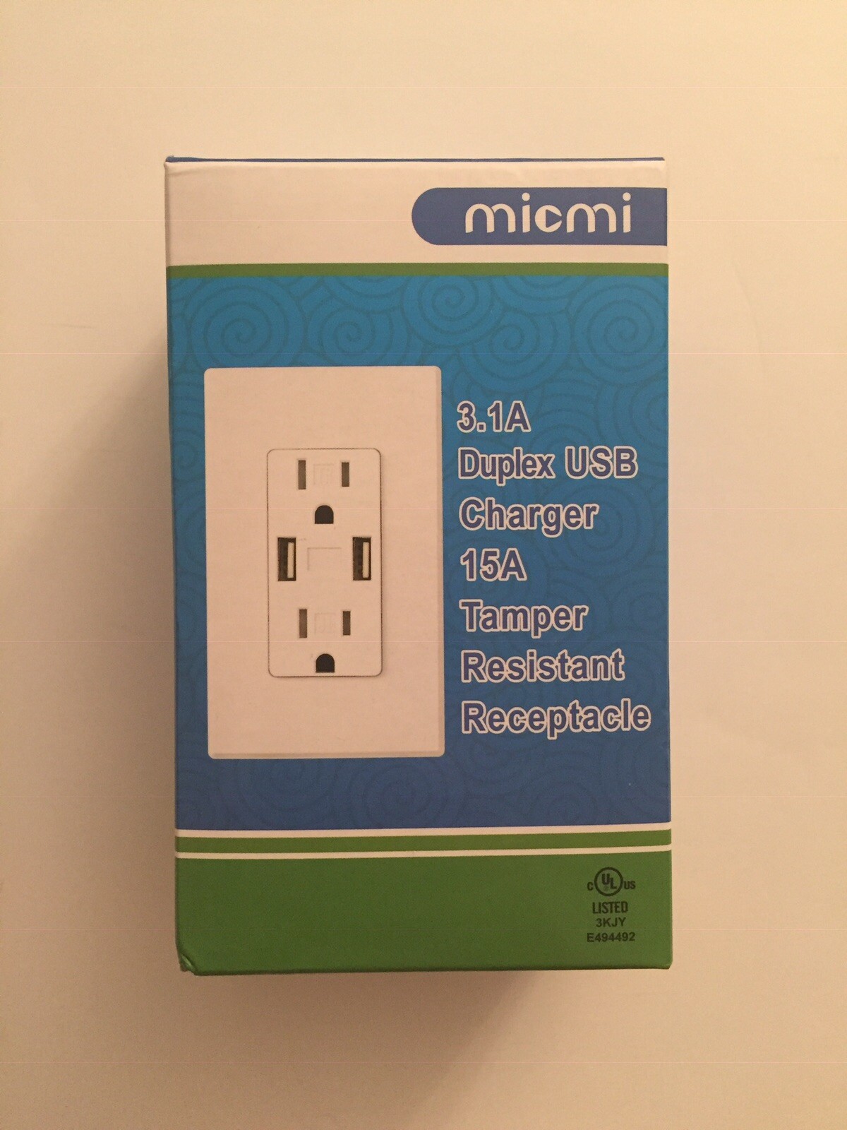 Micmi 3.1A Duplex USB Charger 15A Tamper Resistant Receptacle Wall Outlet – New