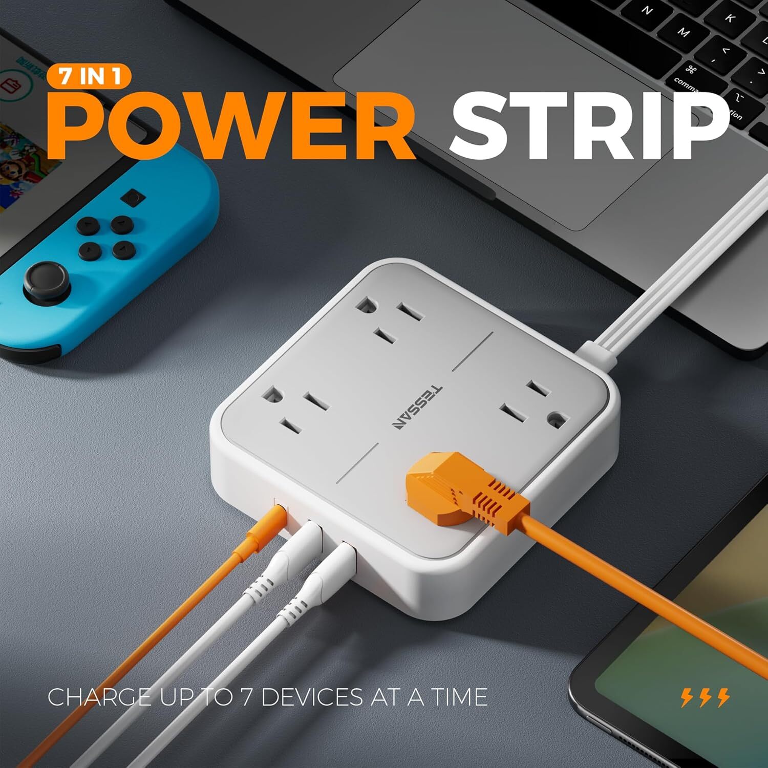 Ultra Thin Flat Plug Power Strip with Multi Outlet 3 USB Port 5FT Extension Cord