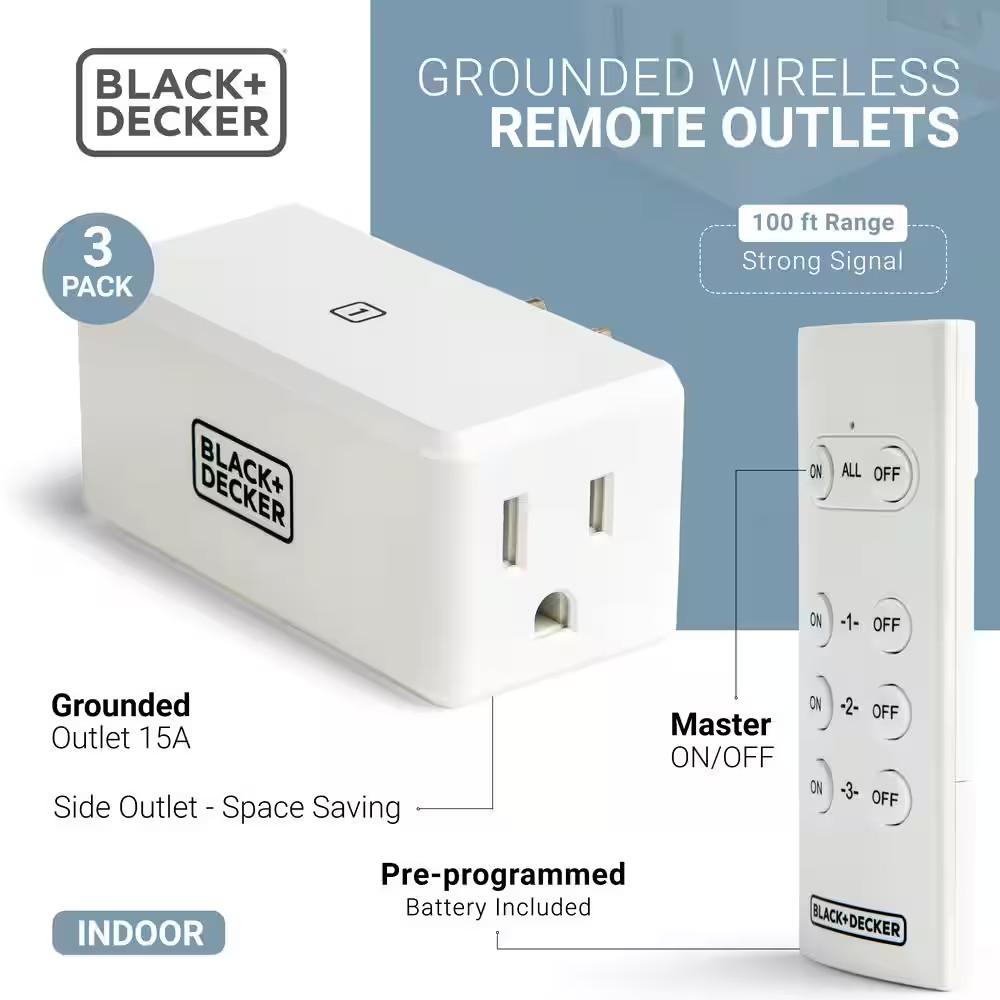 1 Amp to 15 Amp Plug-In Indoor Wireless Remote Control System with 3 Smart Adapt
