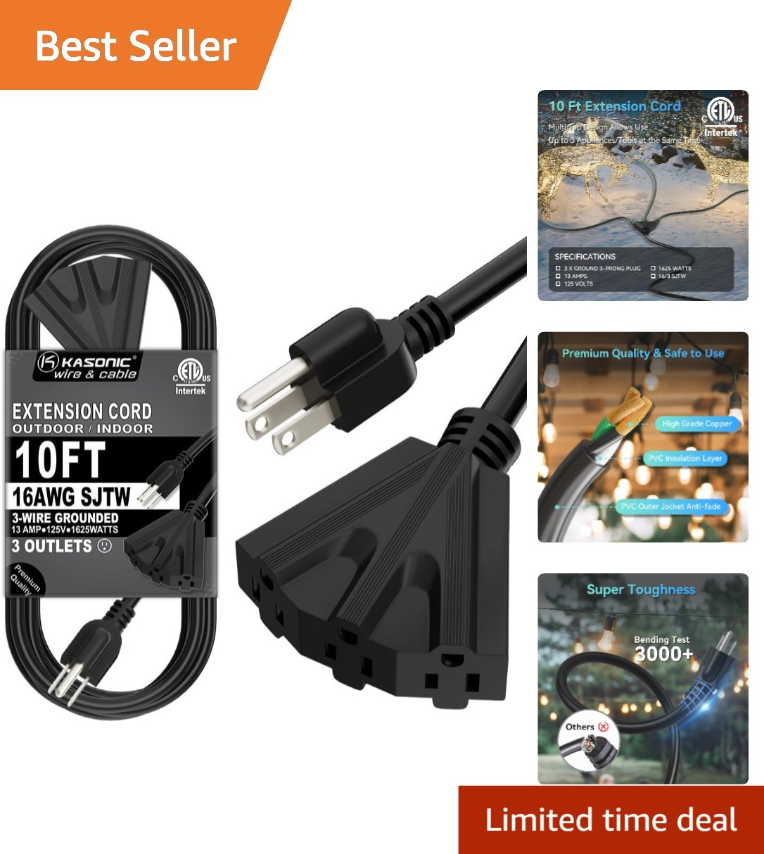 Flexible 10 Foot Extension Cord with Multiple Outlets for Home Garden