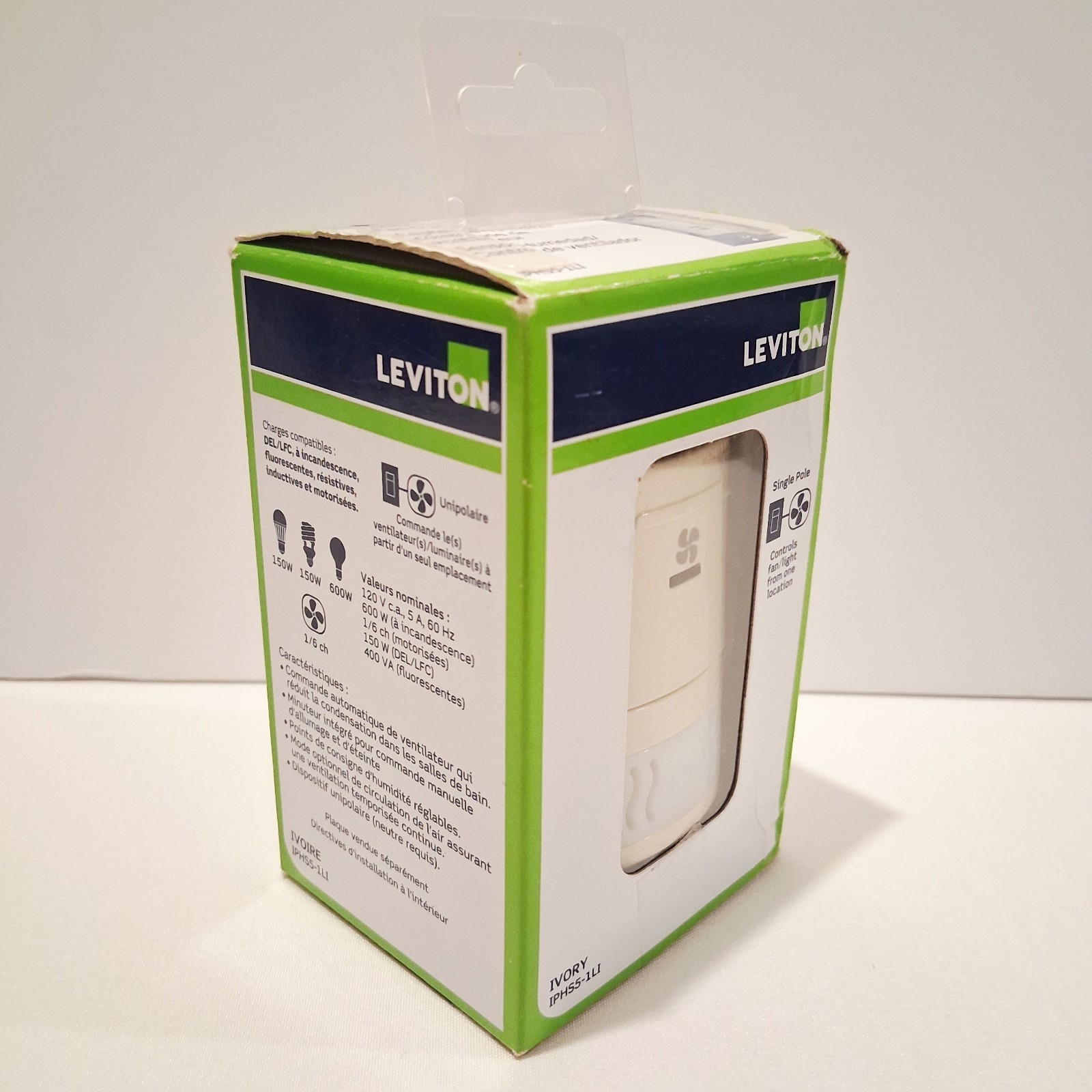 Leviton IPHS5-1LI Humidity Sensor Fan Control Ivory Single Pole Open Box