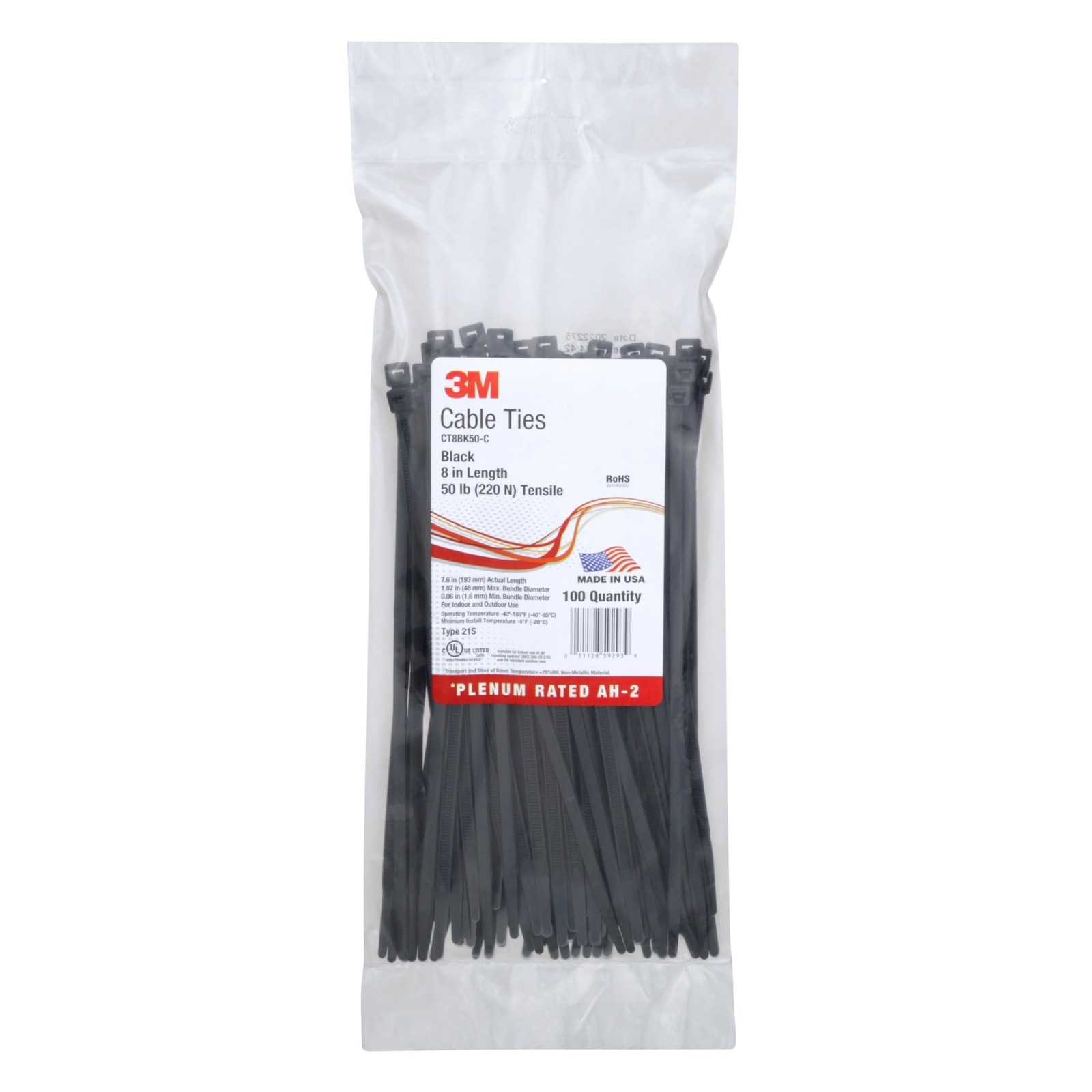 3M Cable Tie CT8BK50-C, 8 in, 50 lb Tensile Strength, Black, Bag of 100 | Indoor