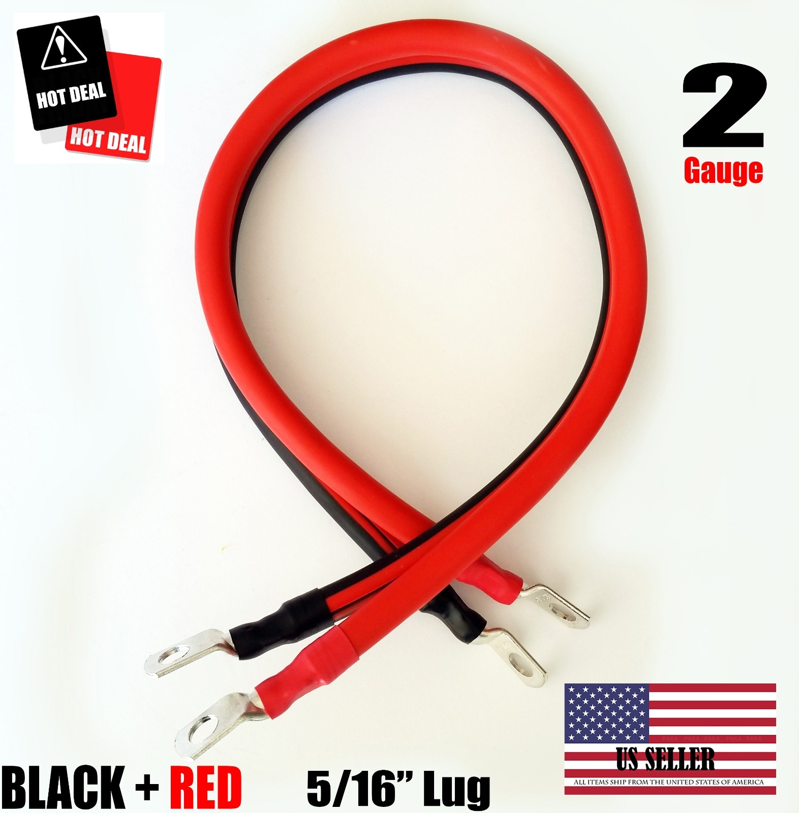 2 AWG Gauge 5/16″ Lug Battery Cable Inverter Cables Solar, RV, Car, Golf , ….