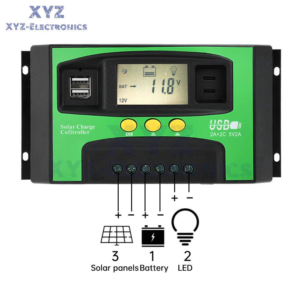 12V24V Solar Charger Controller 30A 40A 100A PV LCD Controller Timing USB/Type-C