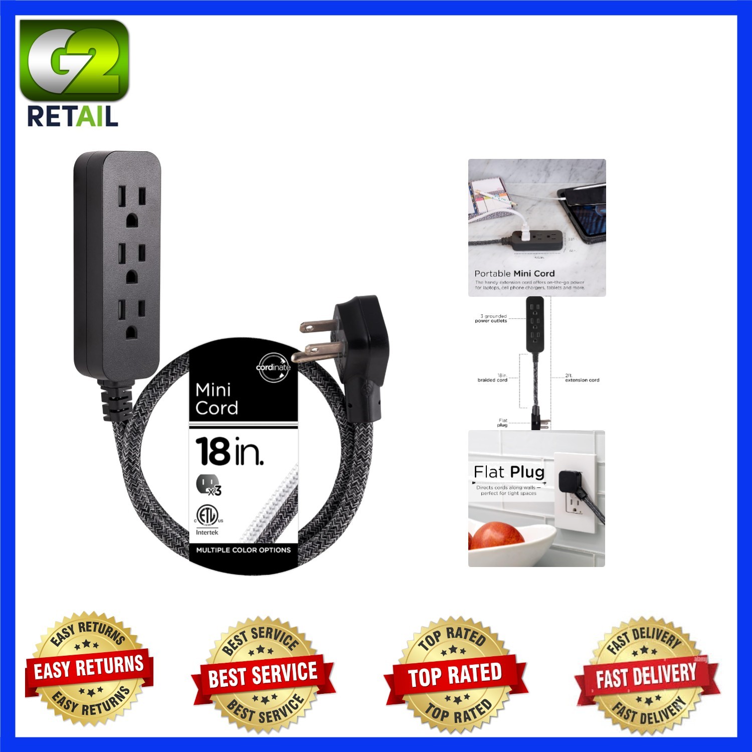 3-Outlet Mini Power Strip | Tangle Resistant Braided Cord, Approved