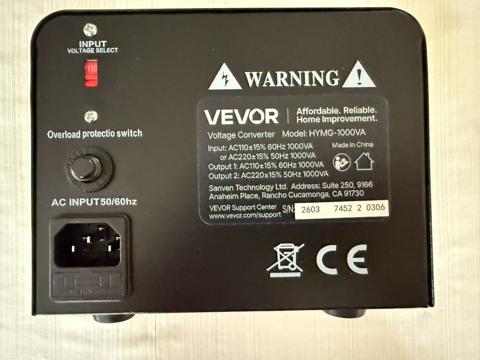 Vevor Transformer, 110V to 220V & 220V to 110V, 1000VA recommended load 600W