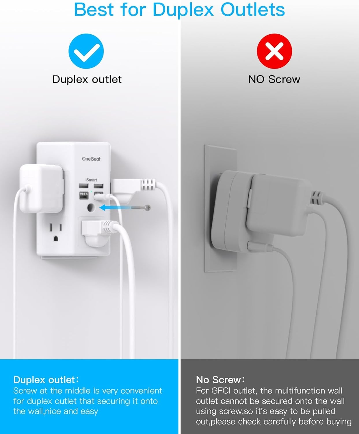 One Beat 1680J 3 Side Power Strip Multi Plug 15.5W,1Pack,None, White