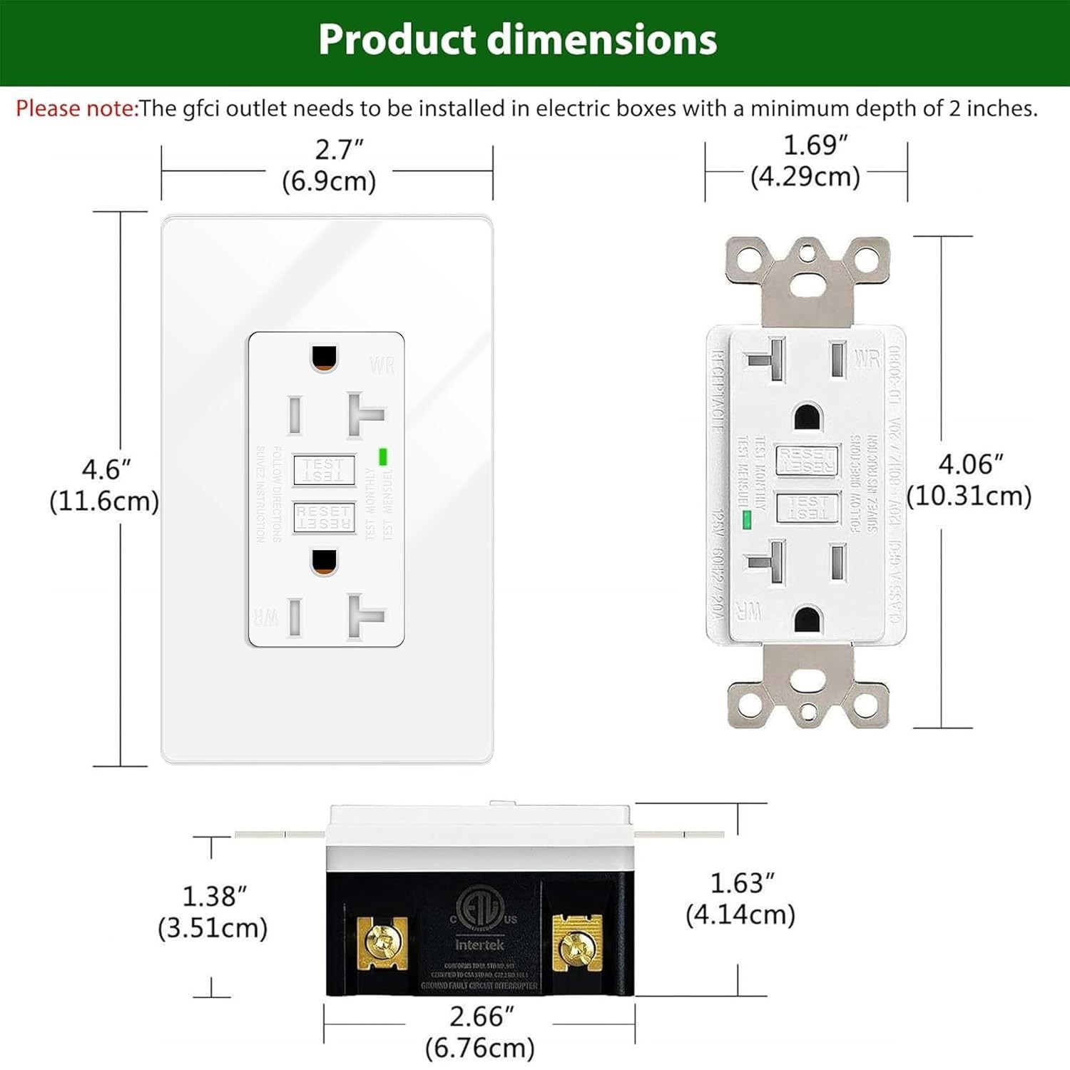 Greencycle 20 Amp GFCI Outlet 3 Pack Weather Resistant White ETL Listed