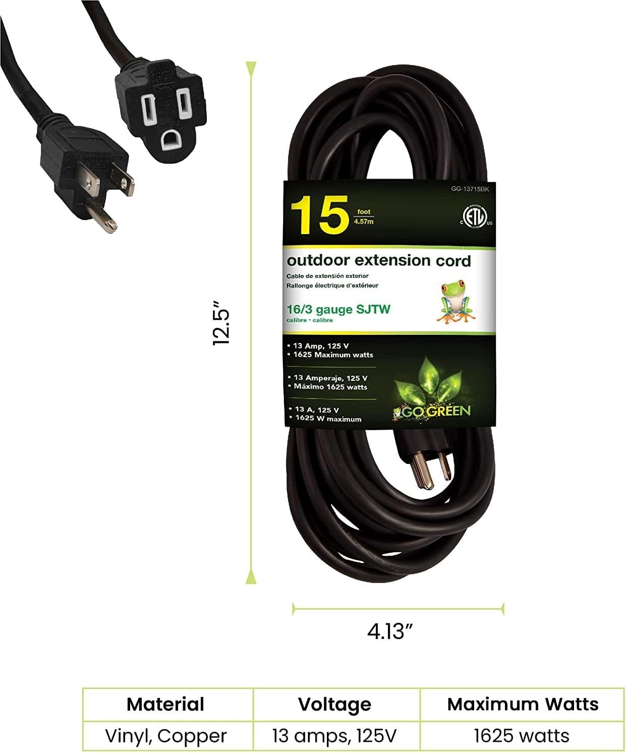 Go Green 15′ 16/3 SJTW Outdoor Extension Cord – Moisture & Abrasion Resistant
