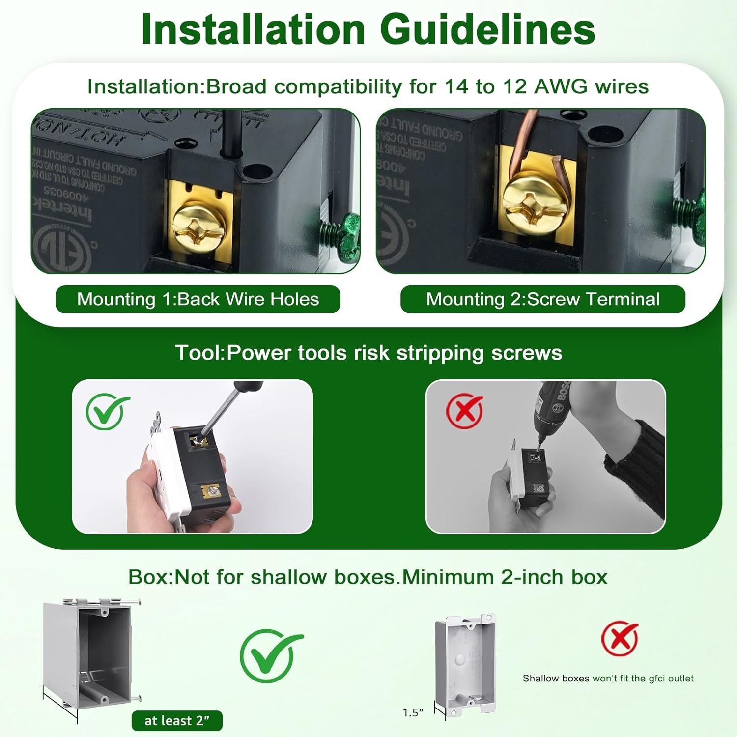 Greencycle 20 Amp GFCI Outlet 3 Pack Weather Resistant White ETL Listed