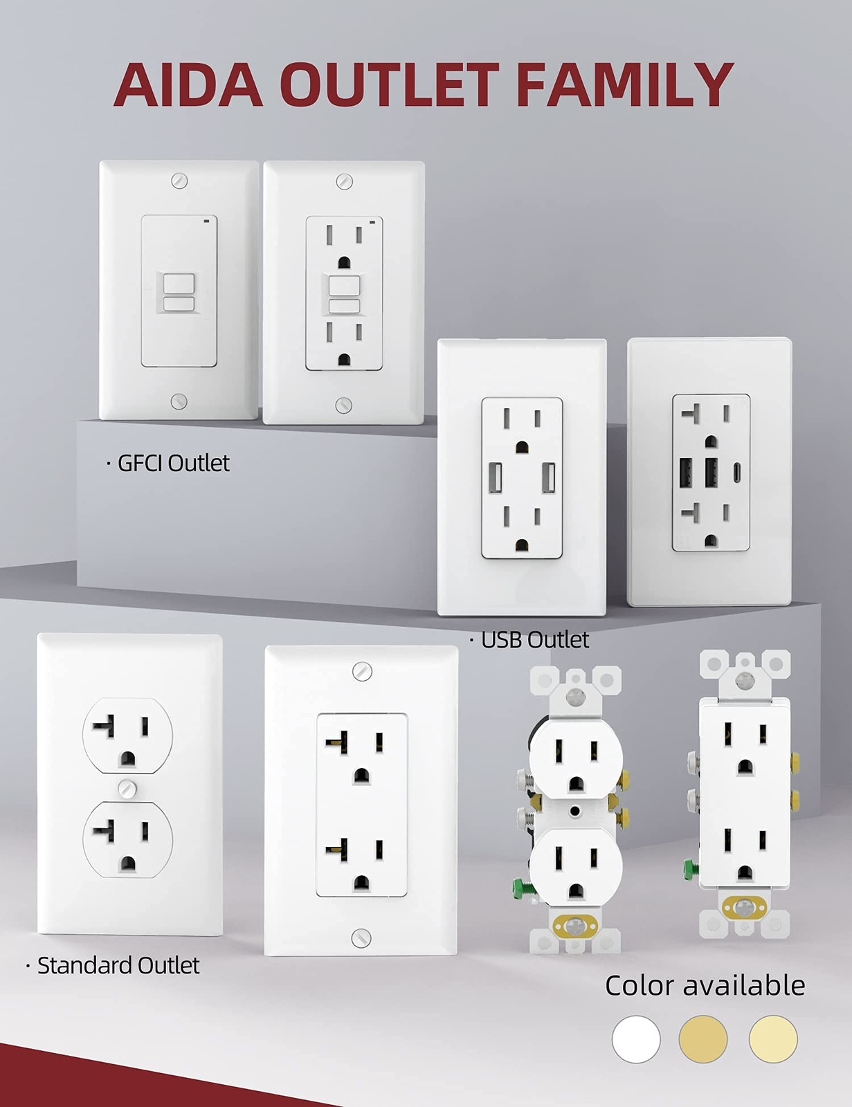 AIDA Duplex Receptacle Wall Outlet, Residential, 3-Wire, Self-Grounding, 15Am…