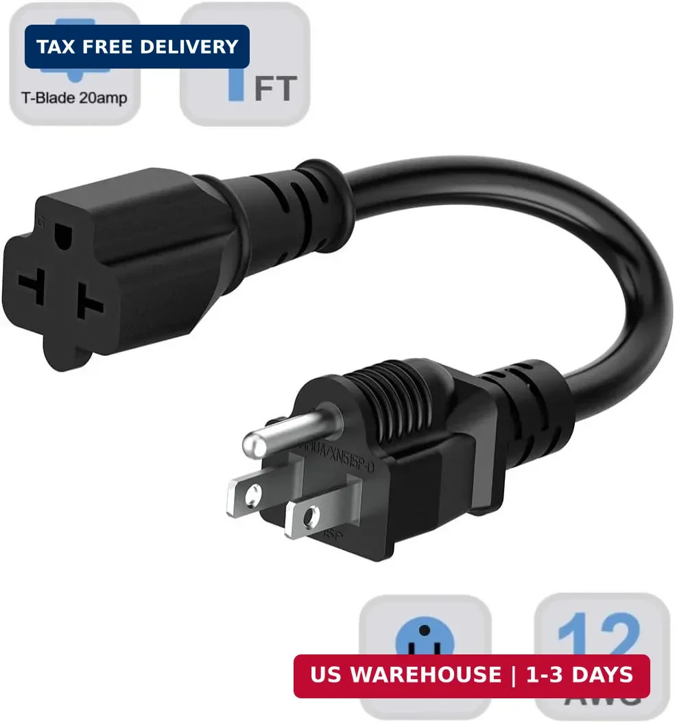 1-Foot 12 AWG 15 Amp Household Plug to 20 Amp Adapter Cable,Nema 5-15P to 5-15R/