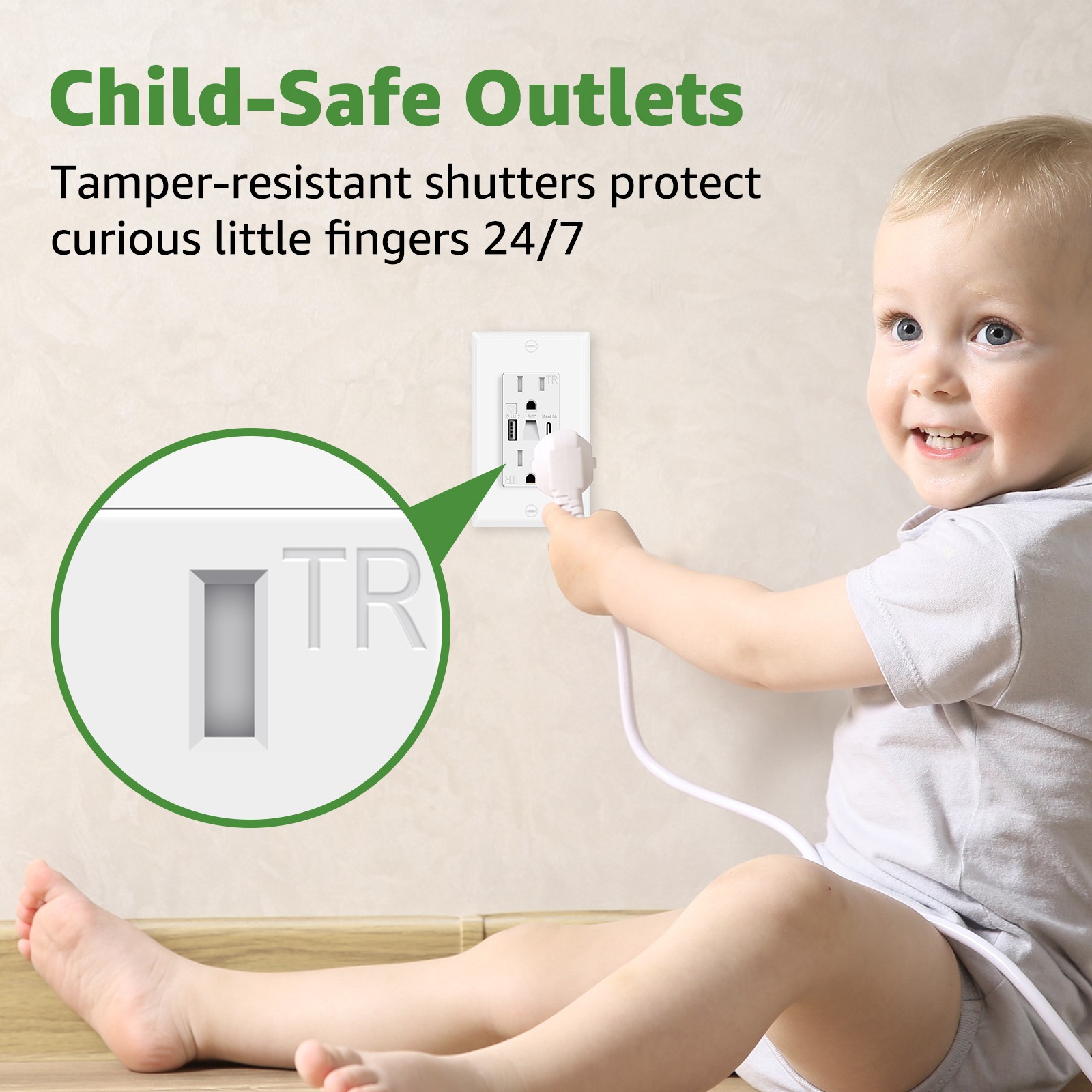 2PK USB Outlets with Night Lights USB A/C 24W Fast Charging 4.8A On/Off