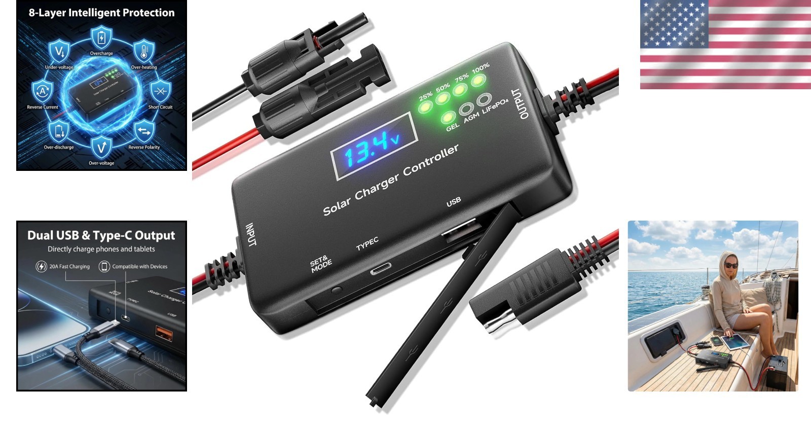 Overload & Overheating Protected Solar Charge Controller with Type-C/USB Ports