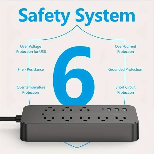 US Power Strip Surge Protector 8 AC Outlets 3 USB Ports + Type C Port 4 FT Cable