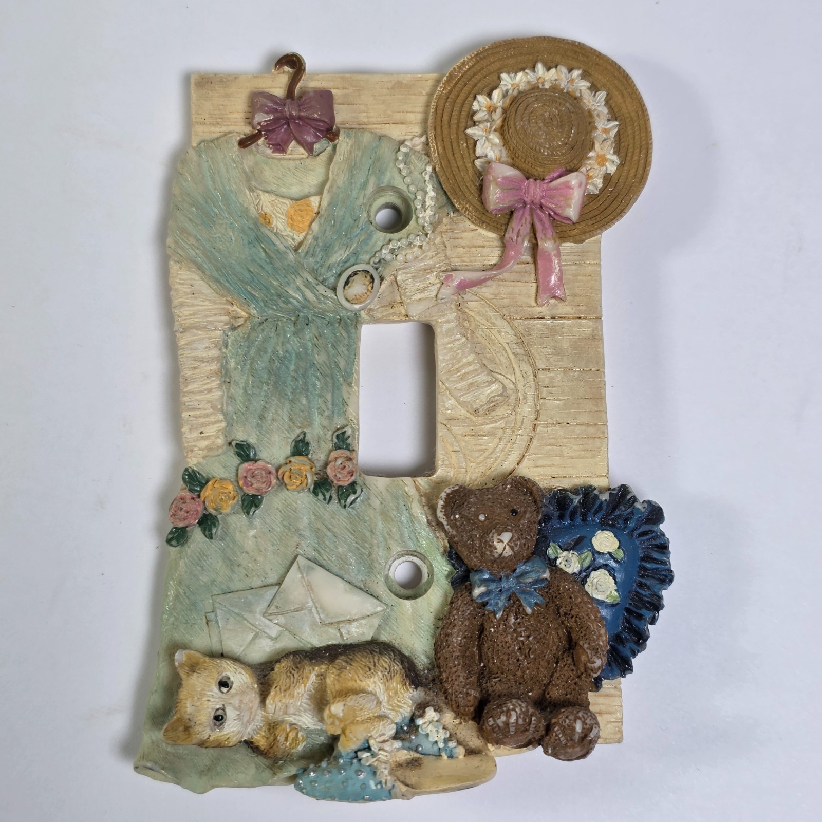 Vintage Resin Victorian Dress Light Switch Cover Teddy Bear Cat Floral Decor