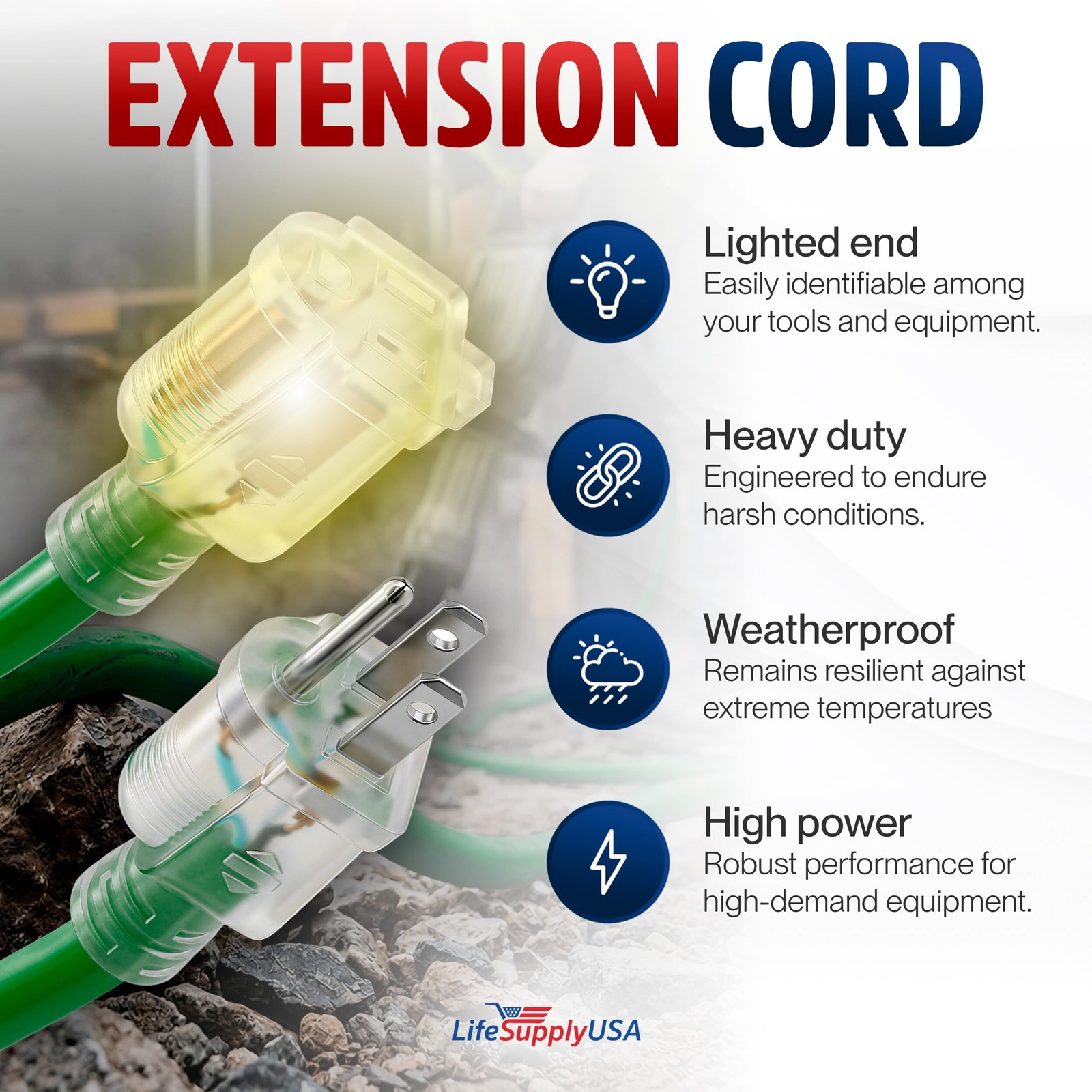 Outdoor/Indoor Extension Cord Heavy Duty 3 Prong SJTW, Waterproof, Flexible Cold