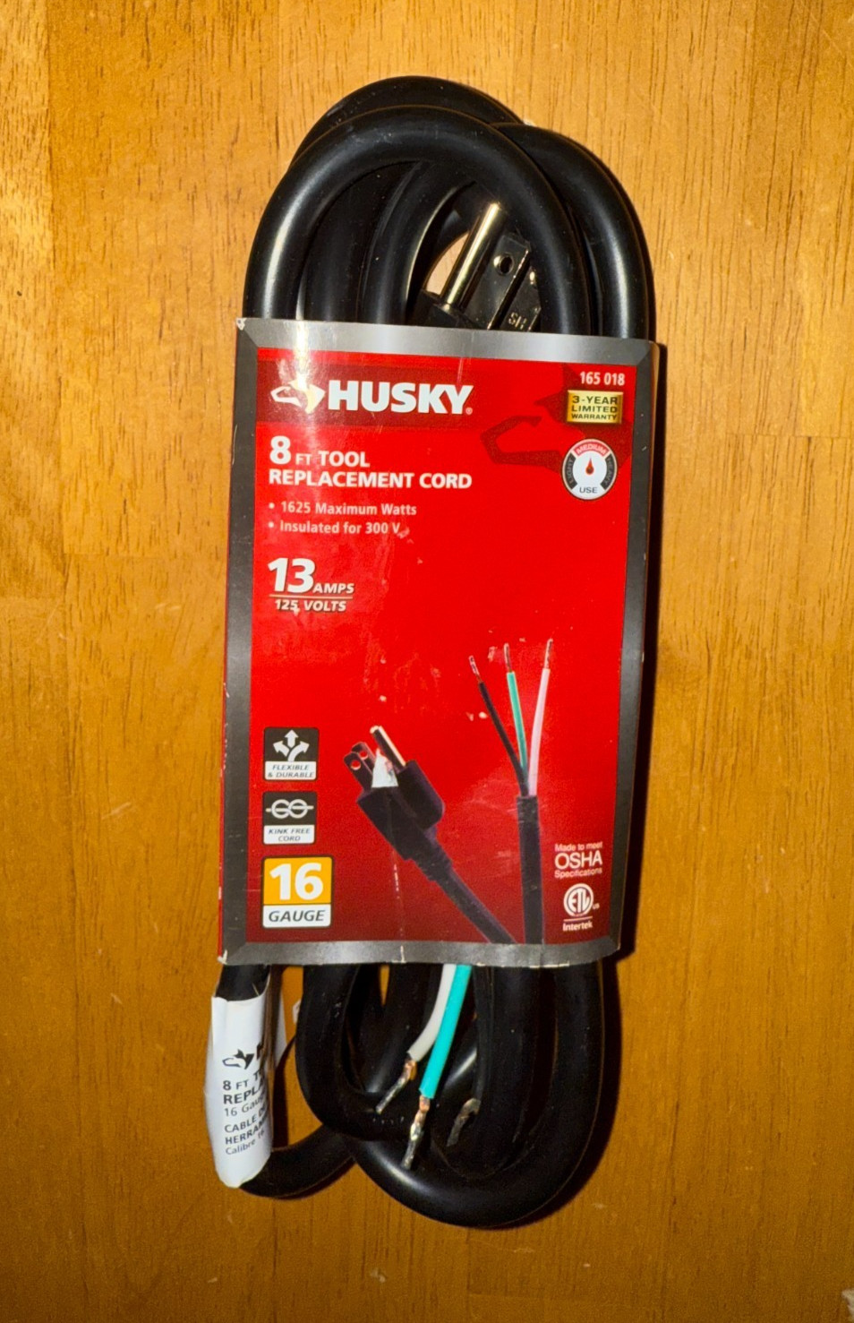 Husky 8 ft. Tool Replacement Cord Black 16 Gauge 13 Amps 125 Volts NEW