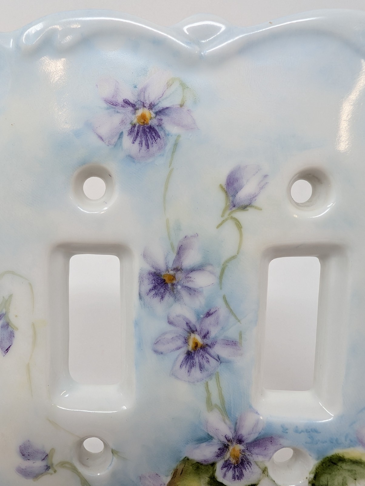 VTG Hand Painted Violets China Double Toggle Light Switch Plate Scalloped SIGNED