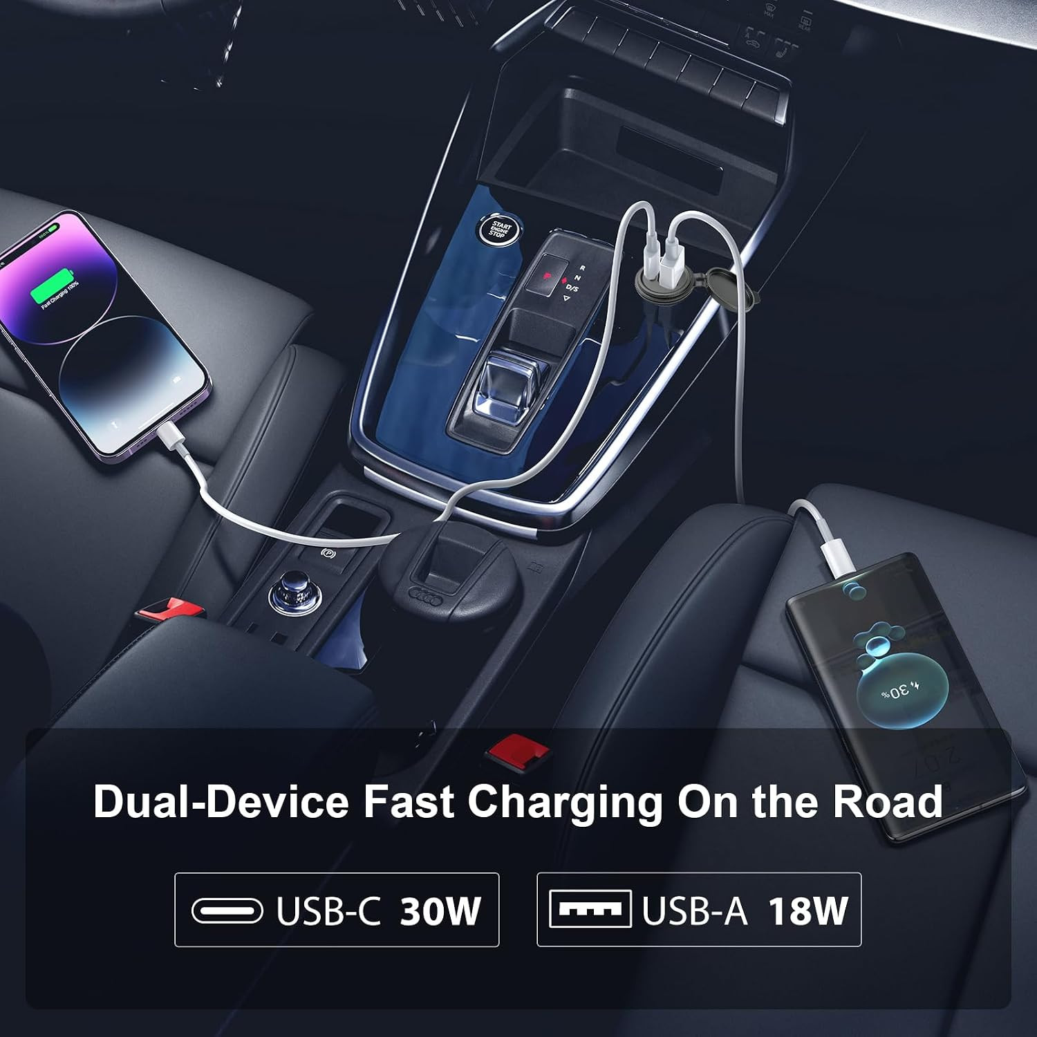 12V USB Outlet with Switch & Blue LED – 30W Type-C & 18W QC3.0 Car Charger – Alu