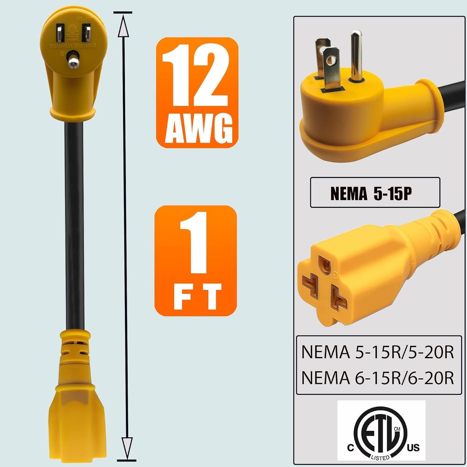 12AWG HeavyDuty 1Ft 4in1 Flat RightAngle AC Plug Adapter