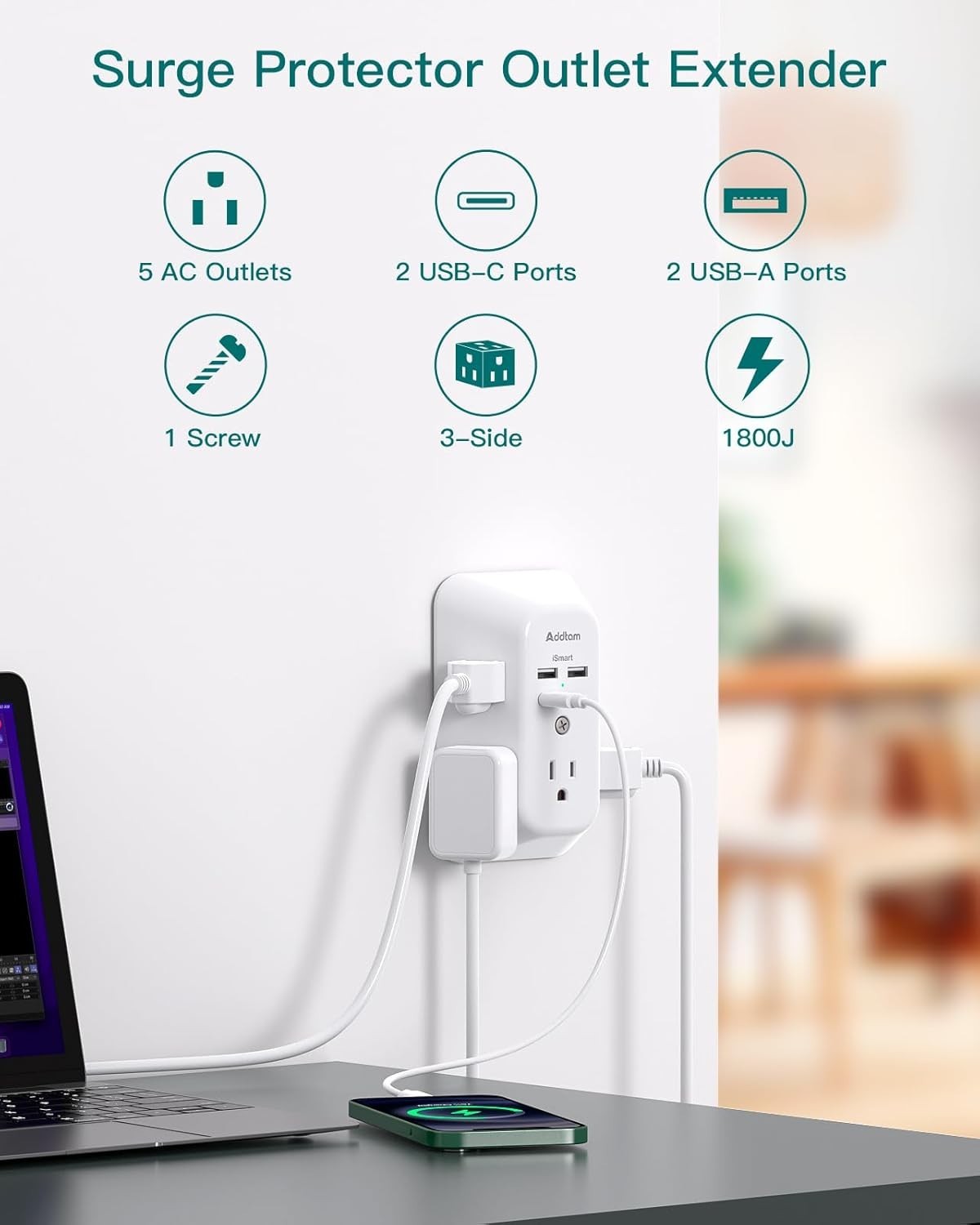Multi Plug Outlet Surge Protector – POWSAF 5 Outlet Extender with 4 USB Ports(2