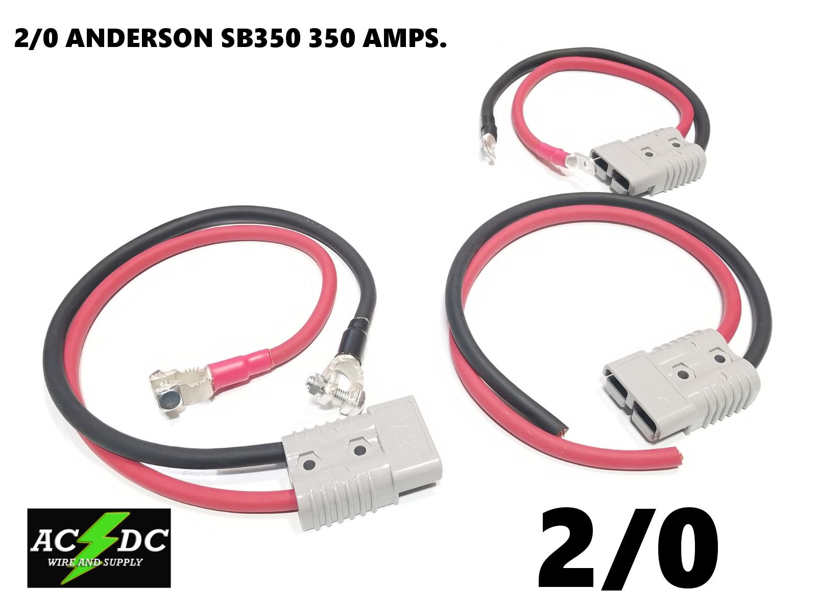 Anderson SB350 Copper Battery Cable Assembly 2/0 Gauge AWG w lug/terminal/clamps