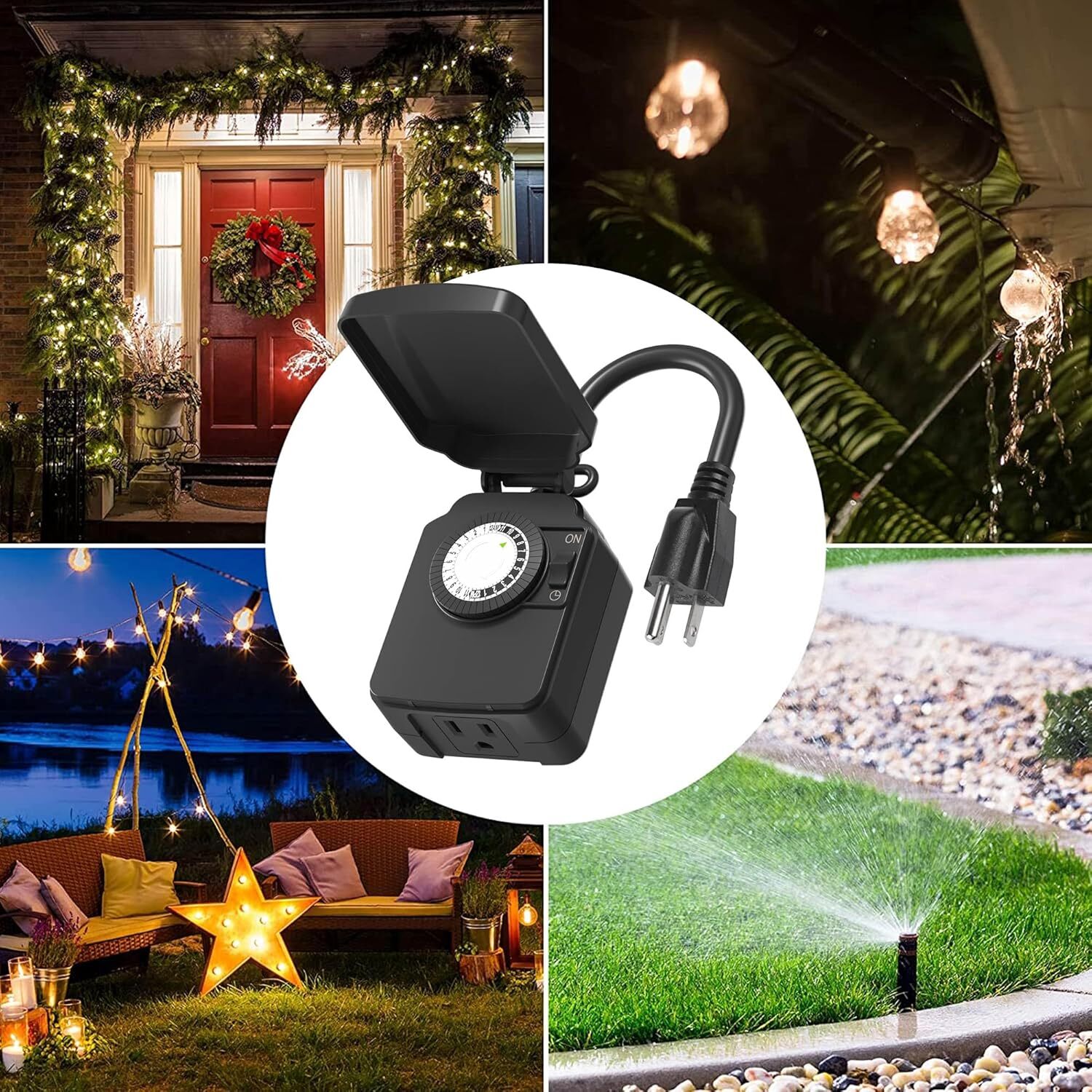24 Hour Mechanical Outdoor Light Timer with 3-Prong Timer Outlet Weatherproof