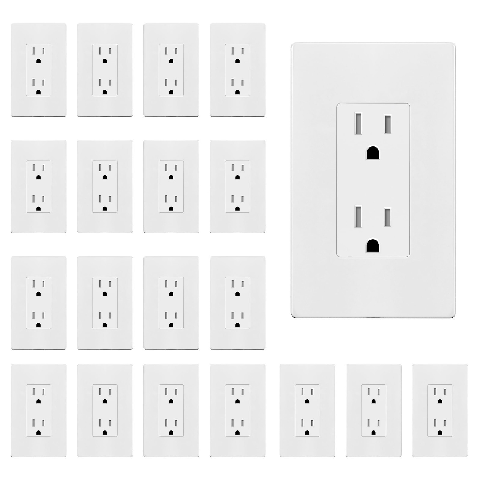 20 Pack White Decorator Outlets with Screwless Wall Plates, 15A 125V, Tamper Res
